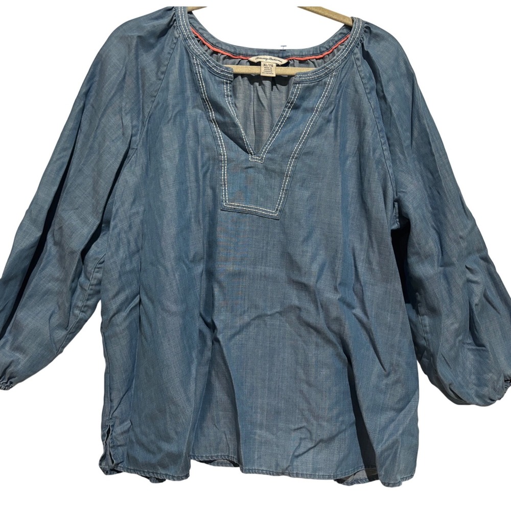 Tommy Bahama Chambray Tencel Blue Tunic‎ Top Womens XL Puff sleeve peasant boho